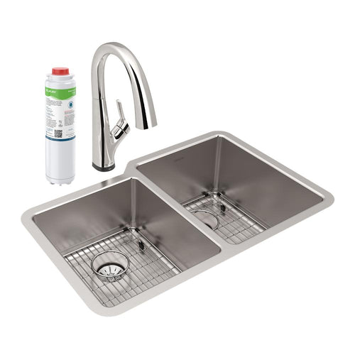 Elkay Lustertone Iconix 16 Ga Stainless Steel 31-1/4" x 20-1/2" x 9" Offset 40/60 Bowl Umt Sink Kit w/Perfect Drain&Fltr Fct ELUHH3120LTPFLC