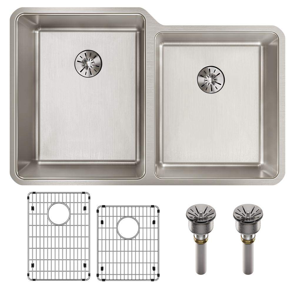 Elkay Lustertone Iconix 16 Gauge Stainless Steel 31-1/4" x 20-1/2" x 9" Double Bowl Undermount Sink Kit with Right Perfect Drain ELUHH3120RTPDBG