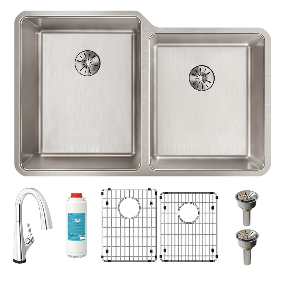 Elkay Lustertone Iconix 16 Ga Stainless Steel 31-1/4" x 20-1/2" x 9" Offset 60/40 Bowl Umt Sink Kit w/Perfect Drain&Fltr Fct ELUHH3120RTPFLC