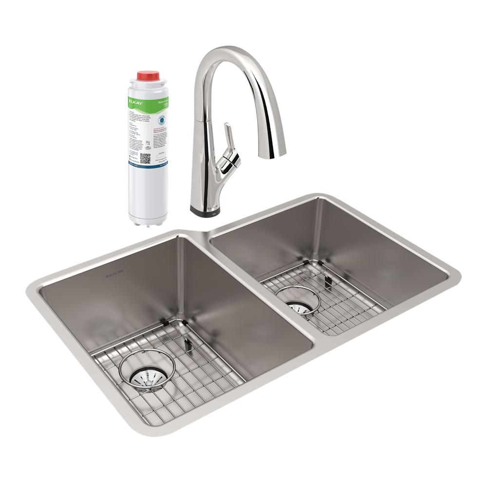 Elkay Lustertone Iconix 16 Ga Stainless Steel 31-1/4" x 20-1/2" x 9" Offset 60/40 Bowl Umt Sink Kit w/Perfect Drain&Fltr Fct ELUHH3120RTPFLC