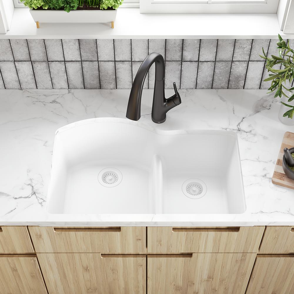 Elkay Quartz Luxe 33" x 22" x 10" Offset 60/40 Double Bowl Undermount Sink with Aqua Divide Arctic Fox ELXHU3322RFX0