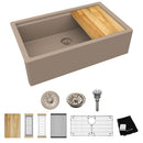 Elkay Quartz Luxe 35-7/8" x 21-9/16" x 9" Single Bowl 10" Apron Farmhouse Workstation Sink with Perfect Drain Sandstone ELXUFP362010SN0