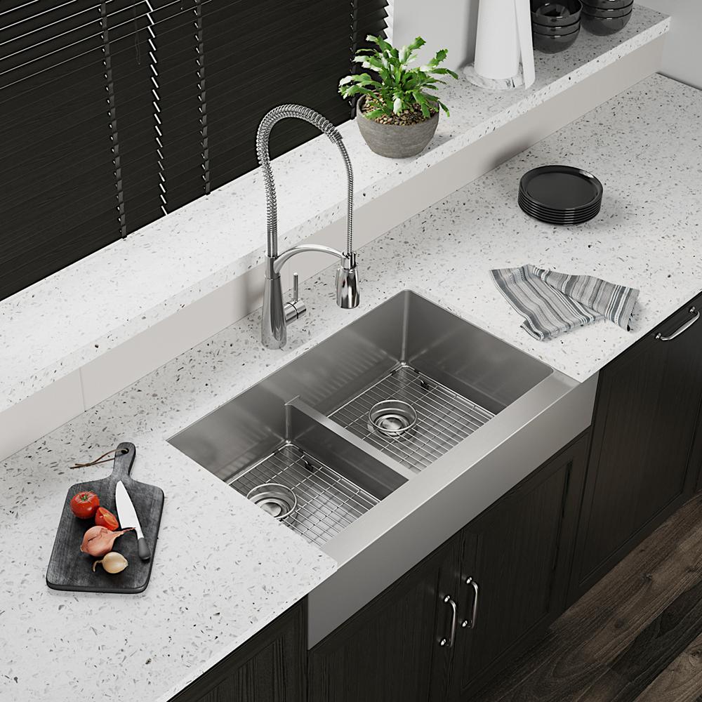 Elkay Crosstown 18 Gauge Stainless Steel 35-7/8" x 20-1/4" x 9" Equal Double Bowl Farmhouse Sink Kit with Aqua Divide ECTRUFA32179C