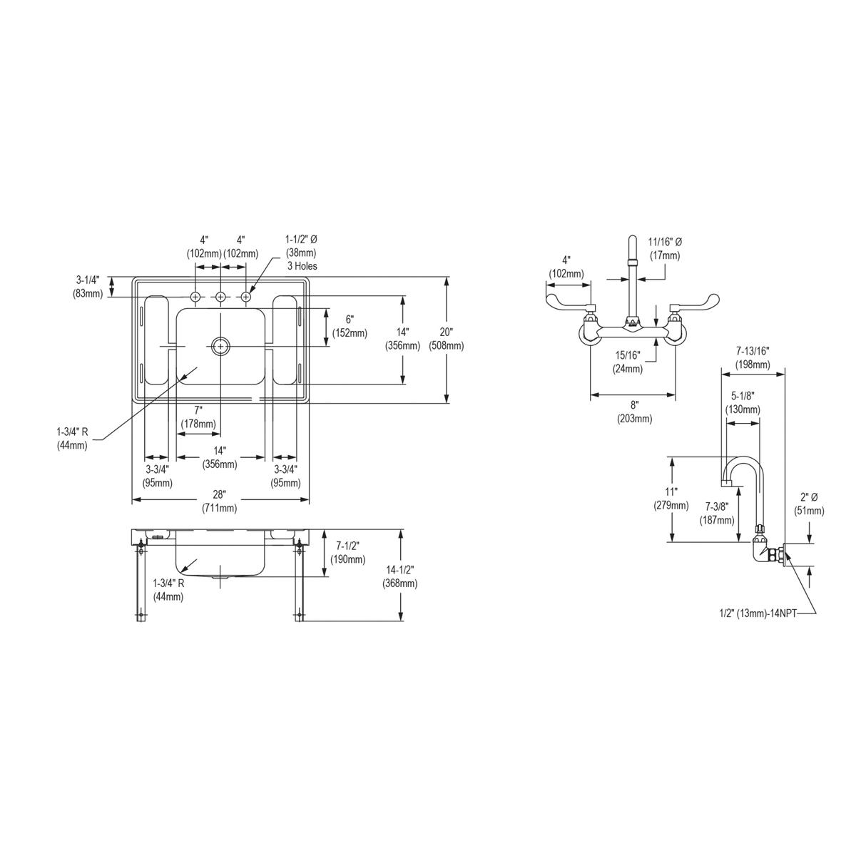 Elkay Stainless Steel 28" x 20" x 7-1/2", Wall Hung Lavatory Sink Kit ESLV2820W4C