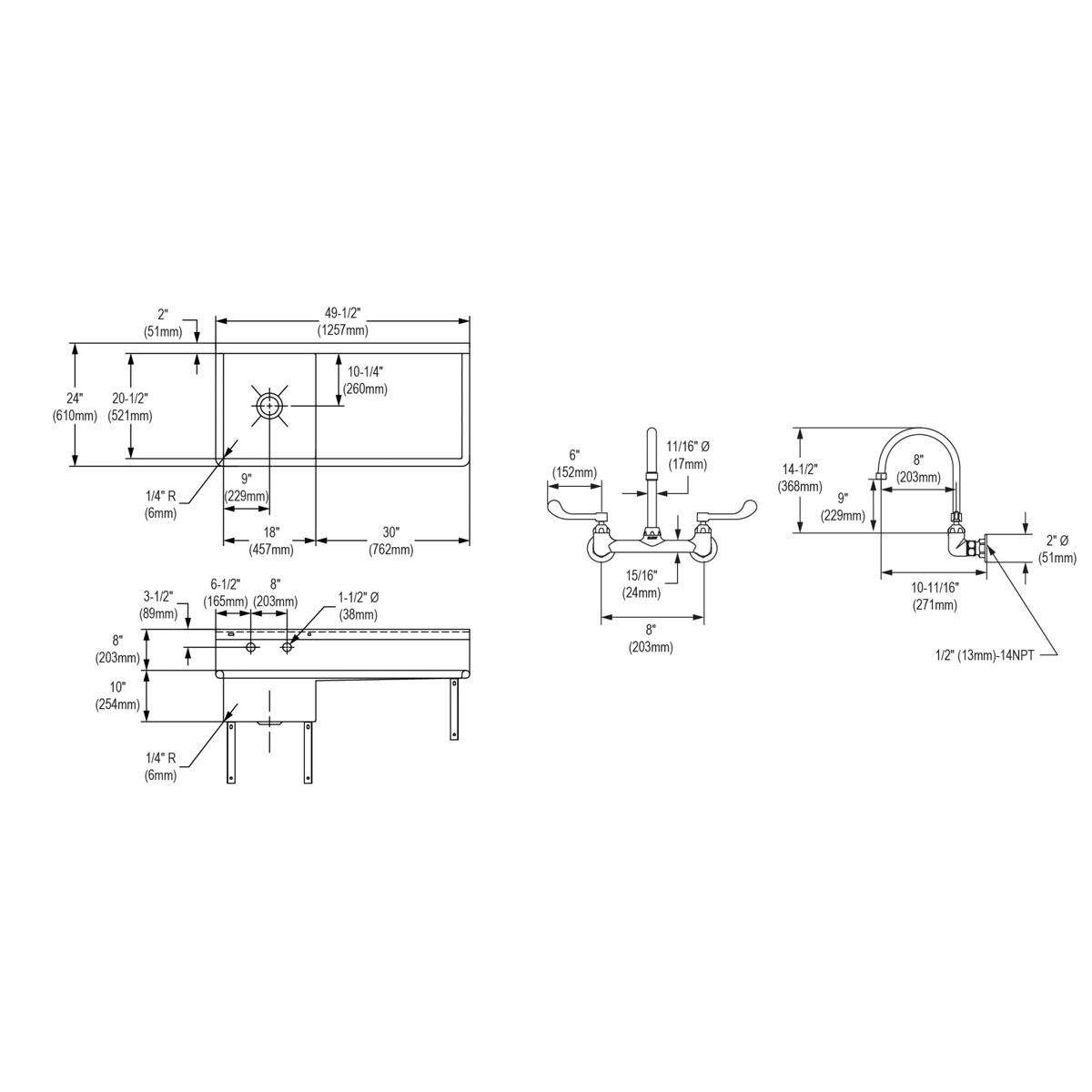 Elkay Stainless Steel 49-1/2" x 24" x 10, Wall Hung Service Sink Kit ESS4924RW6C
