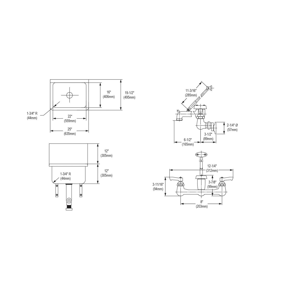 Elkay Stainless Steel 25" x 19-1/2" x 12, Wall Hung Service Sink Kit ESSW2520C
