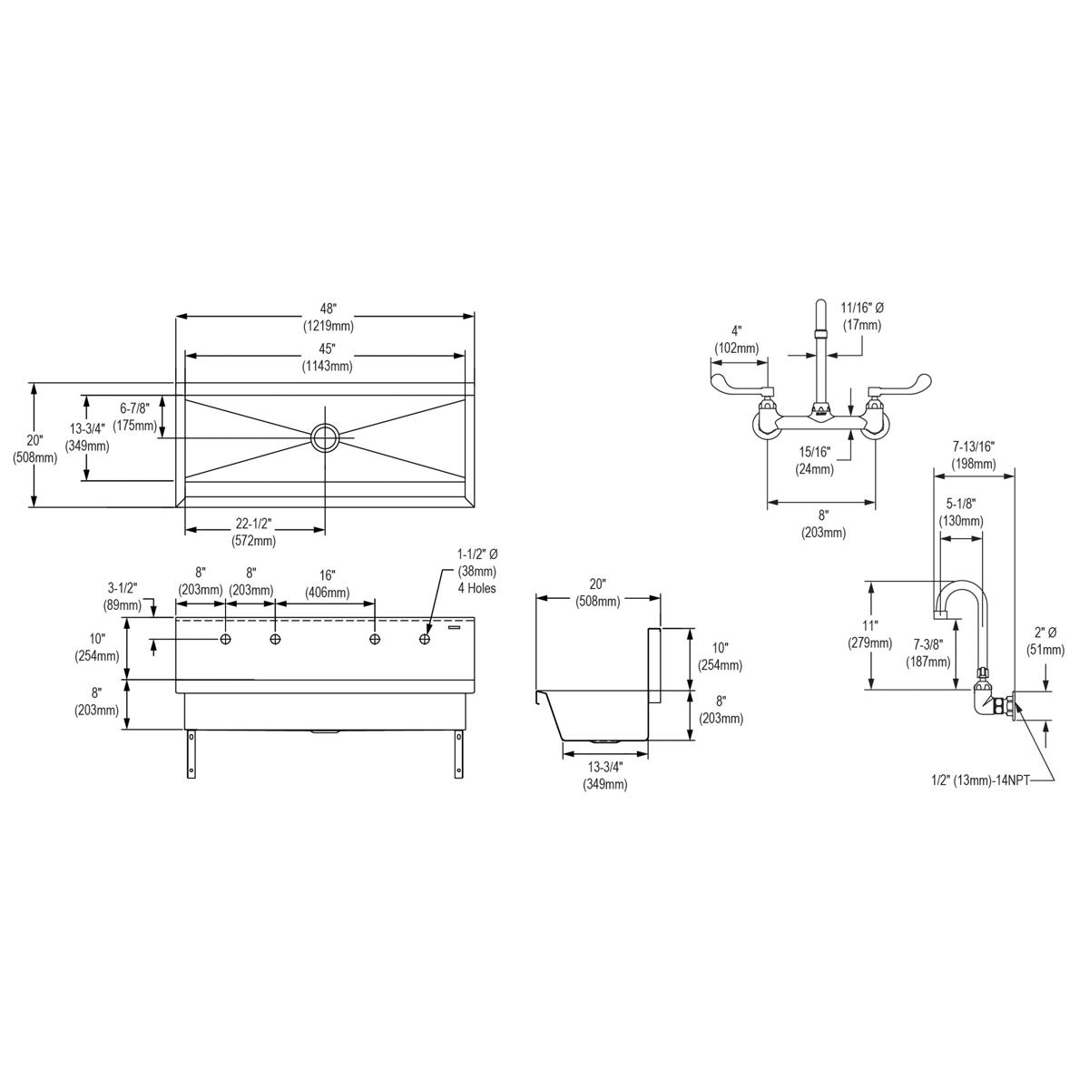Elkay Stainless Steel 48" x 20" x 8", Wall Hung Multiple Station Hand Wash Sink Kit EWMA4820C