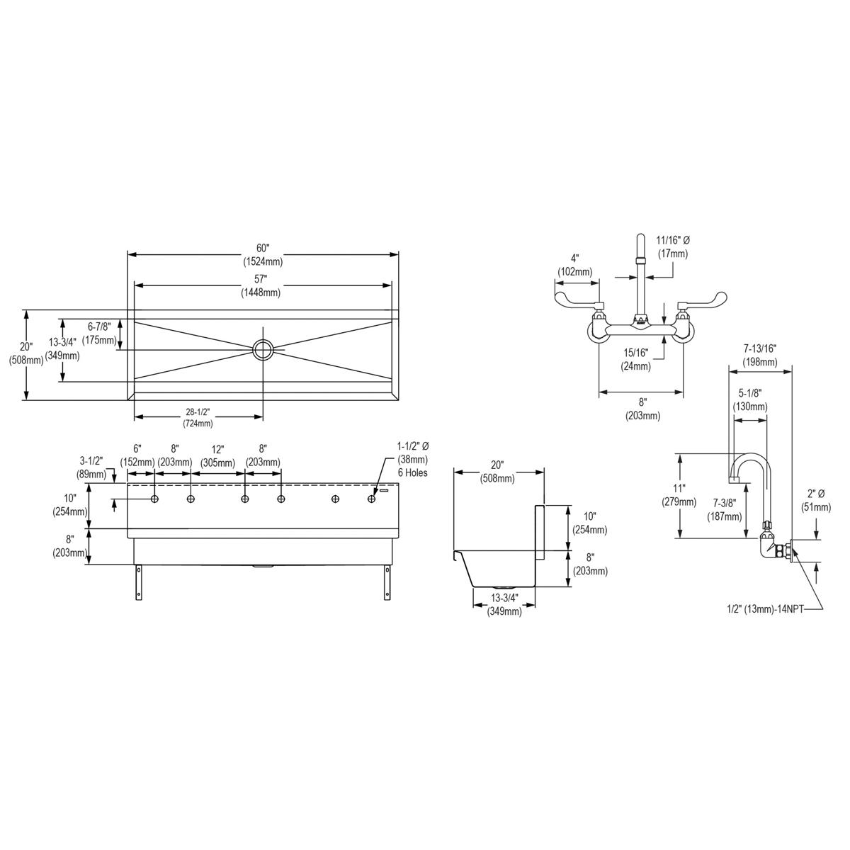 Elkay Stainless Steel 60" x 20" x 8", Wall Hung Multiple Station Hand Wash Sink Kit EWMA6020C
