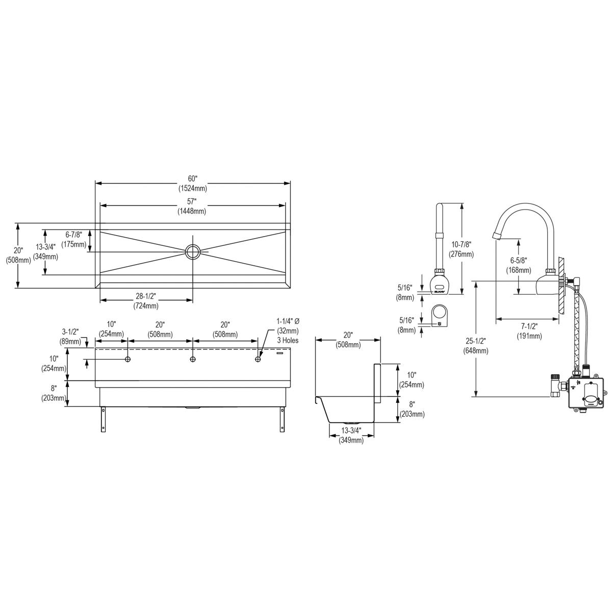 Elkay Stainless Steel 60" x 20" x 8", Wall Hung Multiple Station Hand Wash Sink Kit EWMA6020SACTMC