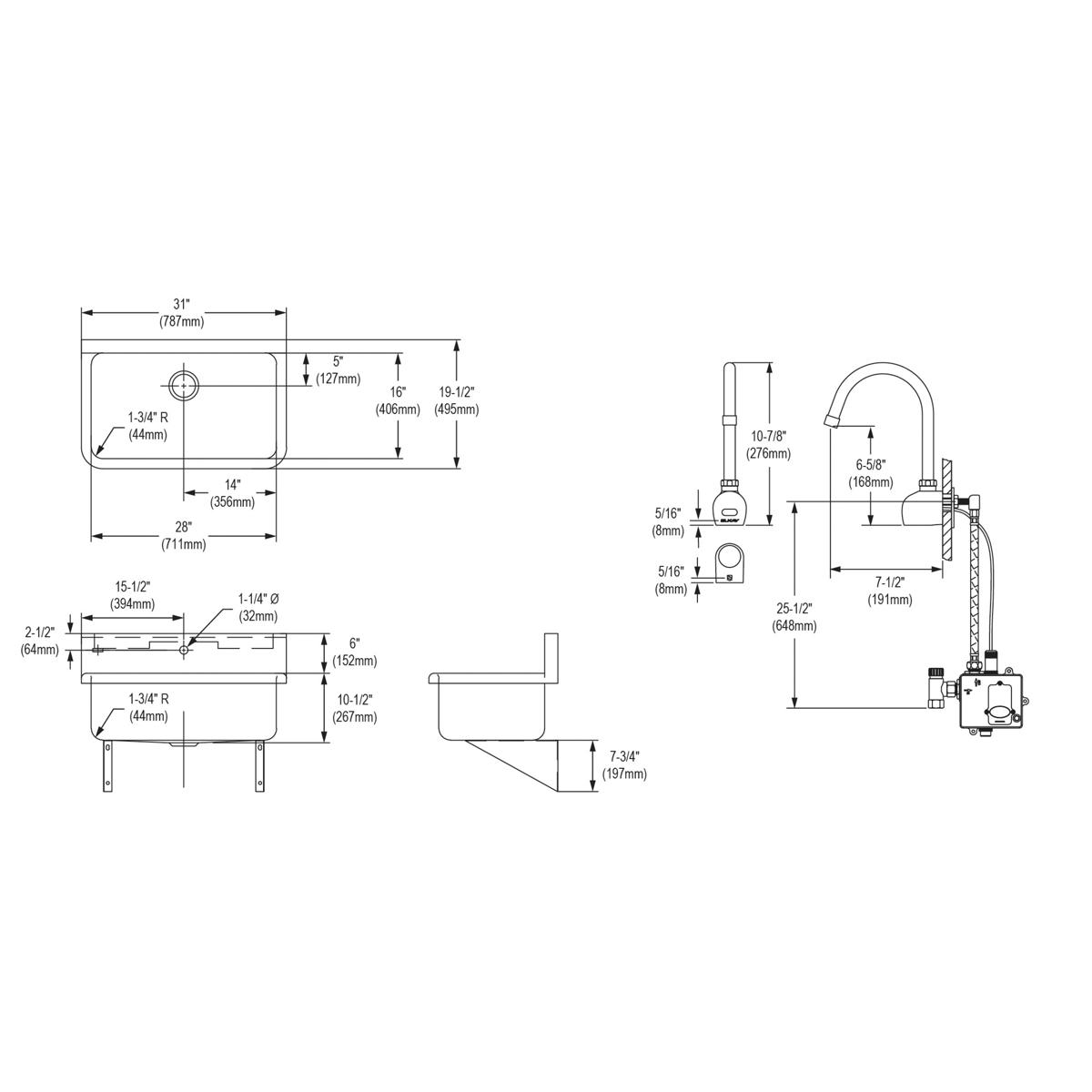 Elkay Stainless Steel 31" x 19.5" x 10-1/2", Wall Hung Single Bowl Hand Wash Sink Kit EWS3120SACMC