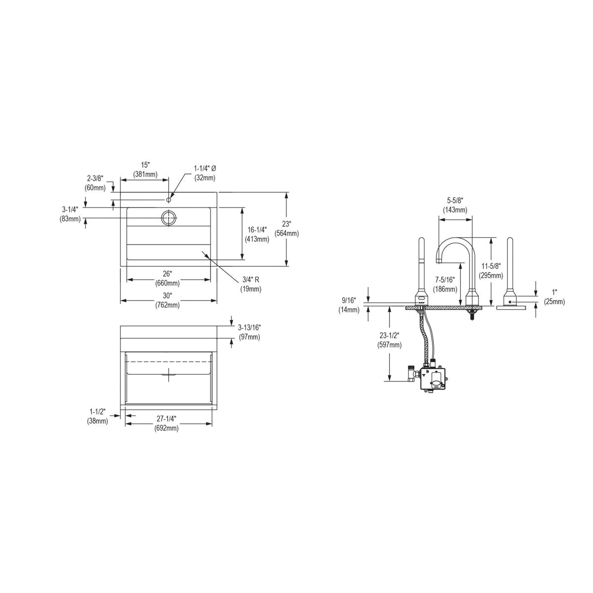 Elkay Stainless Steel 30" x 23" x 26", Wall Hung Single Bowl Surgeon Scrub Sink Kit EWSF13026SACC