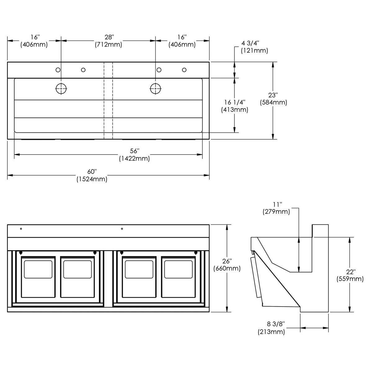Elkay Stainless Steel 60" x 23" x 26", Wall Hung Double Station Surgeon Scrub Sink Kit EWSF26026KWSC