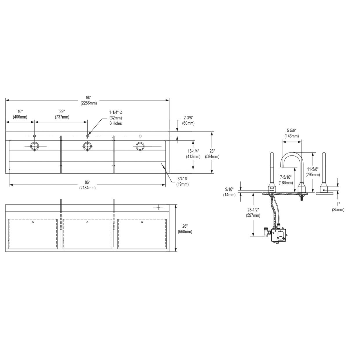 Elkay Stainless Steel 90" x 23" x 26", Wall Hung Triple Station Surgeon Scrub Sink Kit EWSF39026SACC