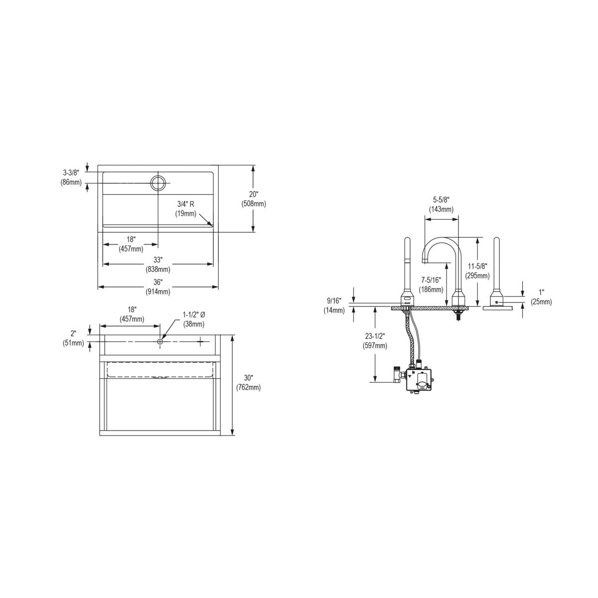 Elkay Stainless Steel 33" x 16-13/16" x 30", Wall Hung Single Station Surgeon Scrub Sink Kit EWSFAD13620SACC