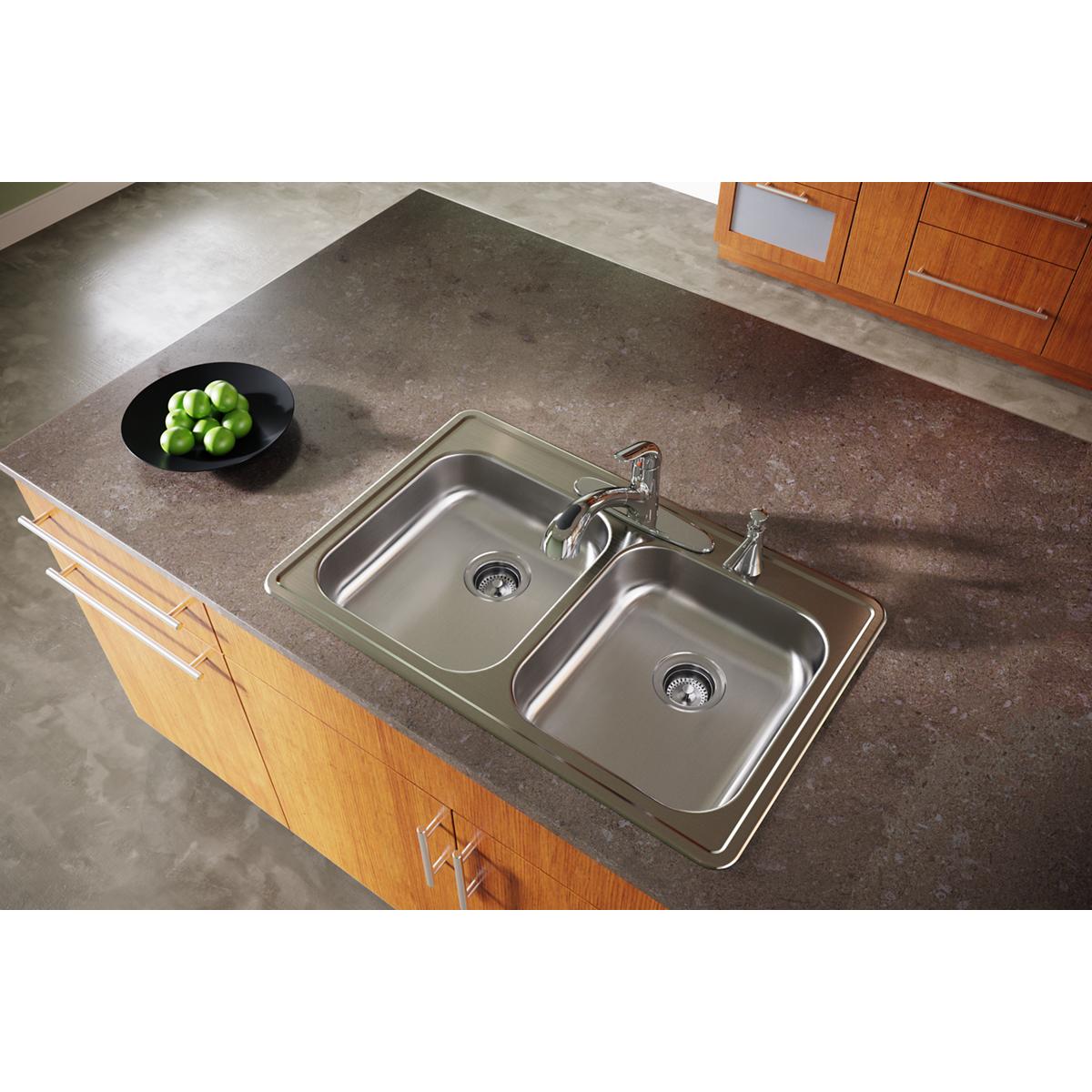 Elkay Dayton Stainless Steel 33" x 21-1/4" x 5-3/8", 1-Hole Equal Double Bowl Drop-in Sink GE233211