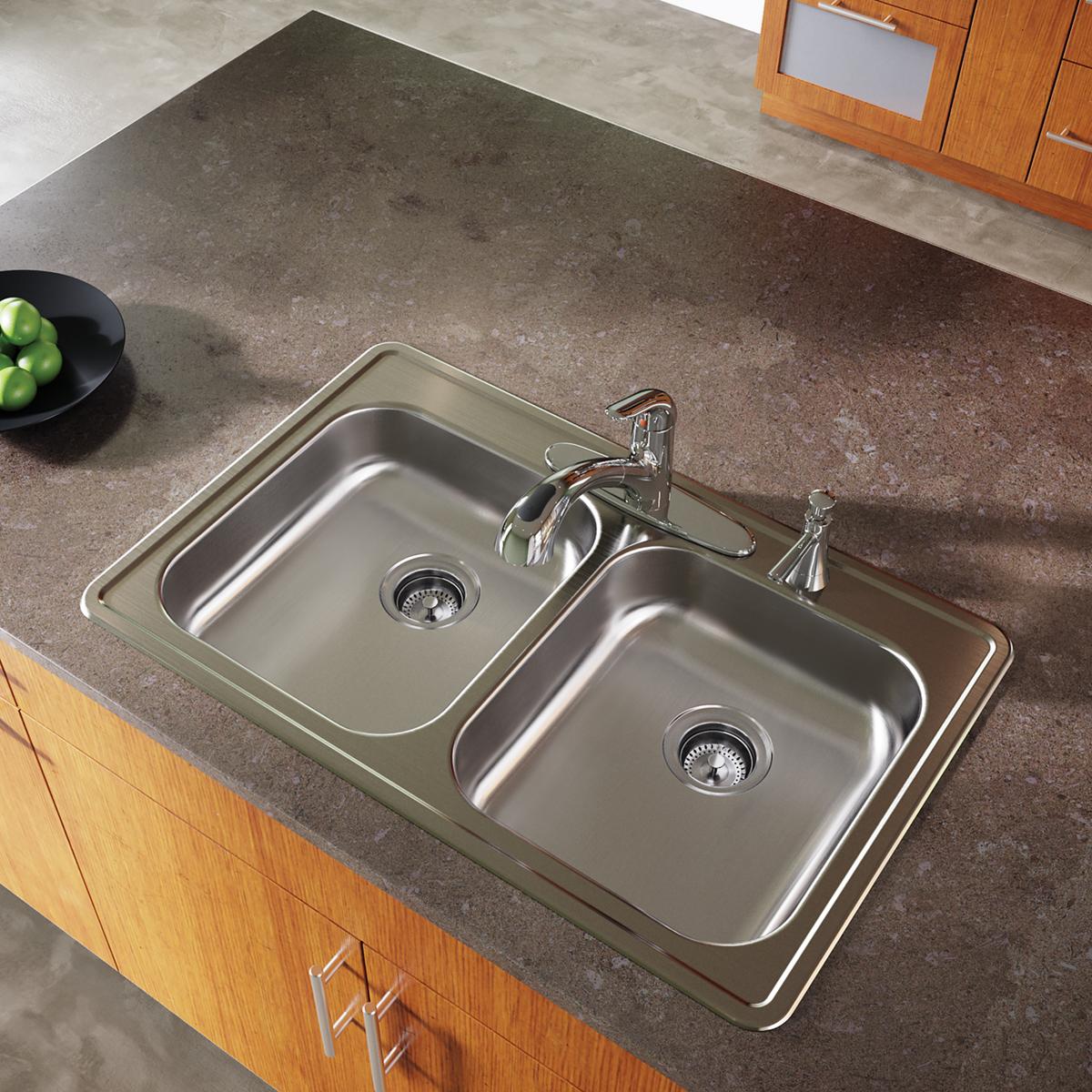 Elkay Dayton Stainless Steel 33" x 21-1/4" x 5-3/8", 4-Hole Equal Double Bowl Drop-in Sink GE233214