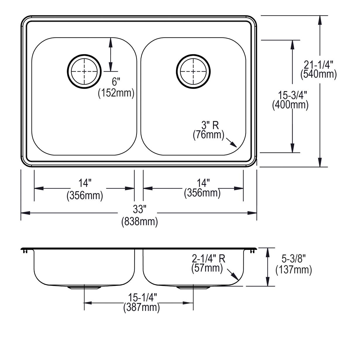 Elkay Dayton Stainless Steel 33" x 21-1/4" x 5-3/8", 1-Hole Equal Double Bowl Drop-in Sink GE233211