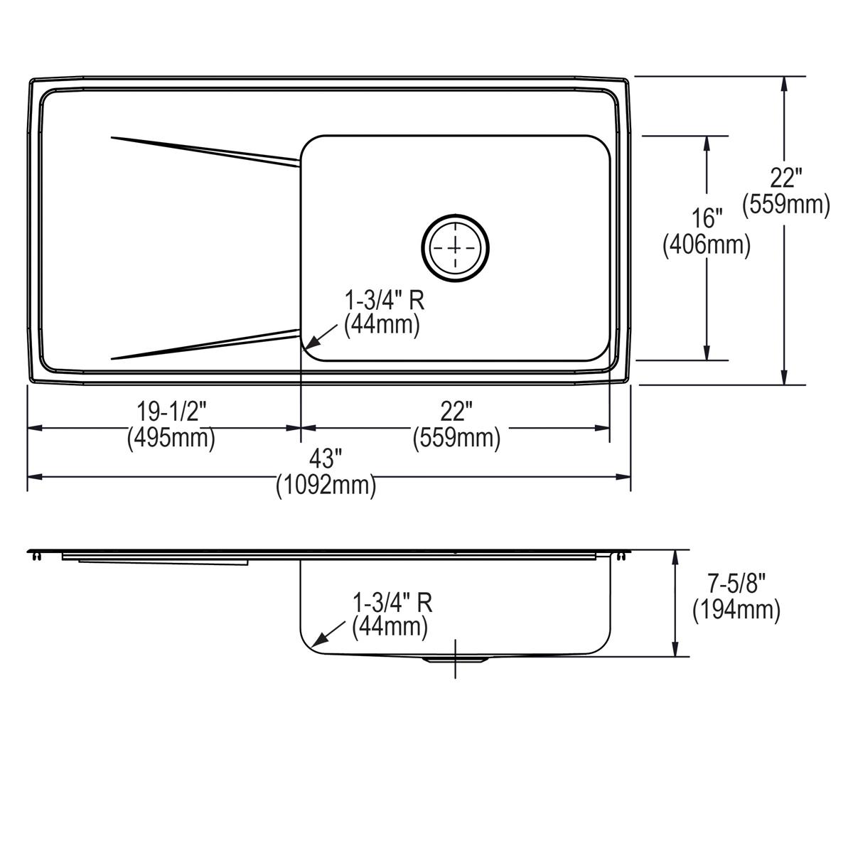 Elkay Lustertone Classic Stainless Steel 43" x 22" x 7-5/8", Single Bowl Drop-in Sink with Drainboard ILR4322R1