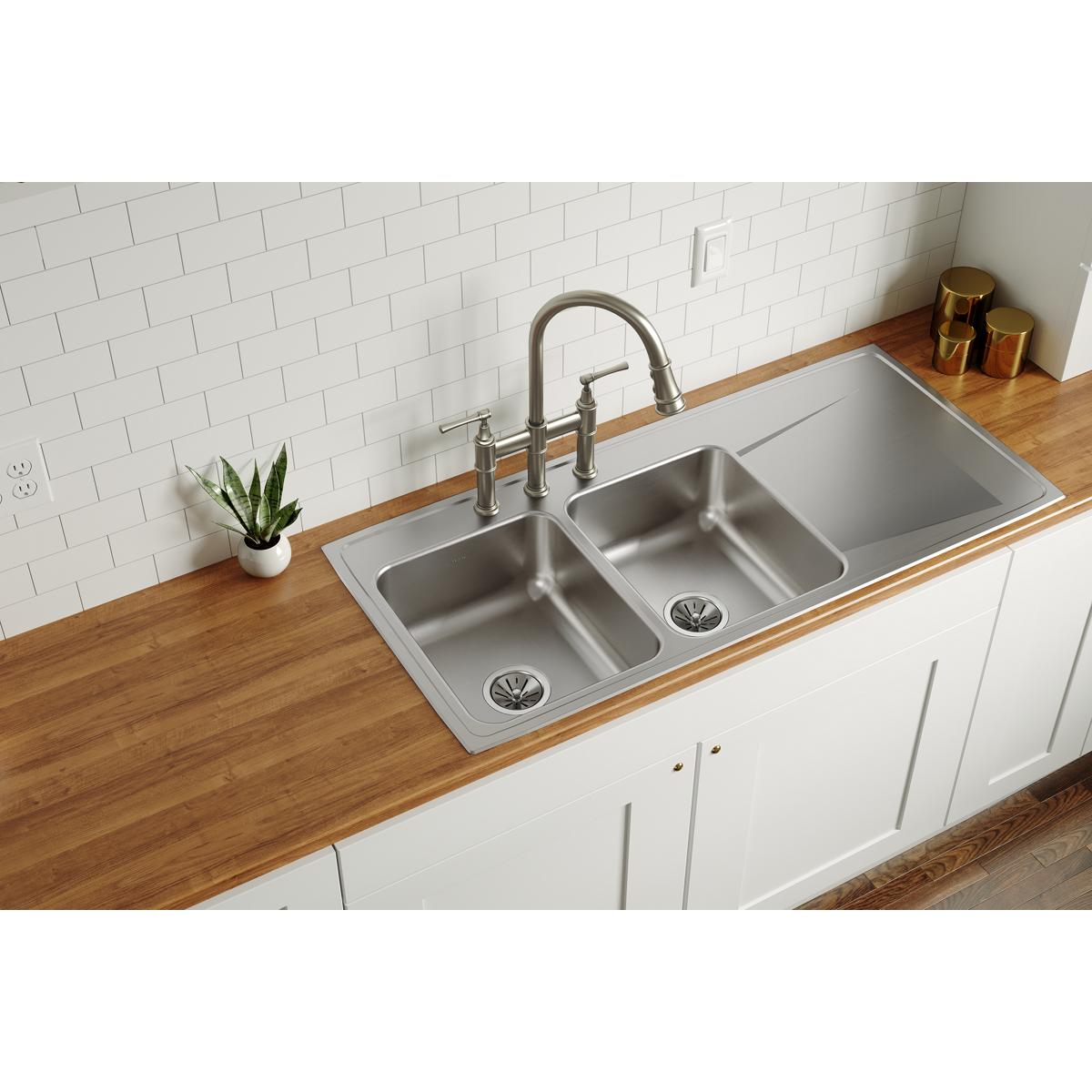 Elkay Lustertone Classic Stainless Steel 48" x 22" x 7-5/8", Equal Double Bowl Drop-in Sink with Drainboard ILR4822L3