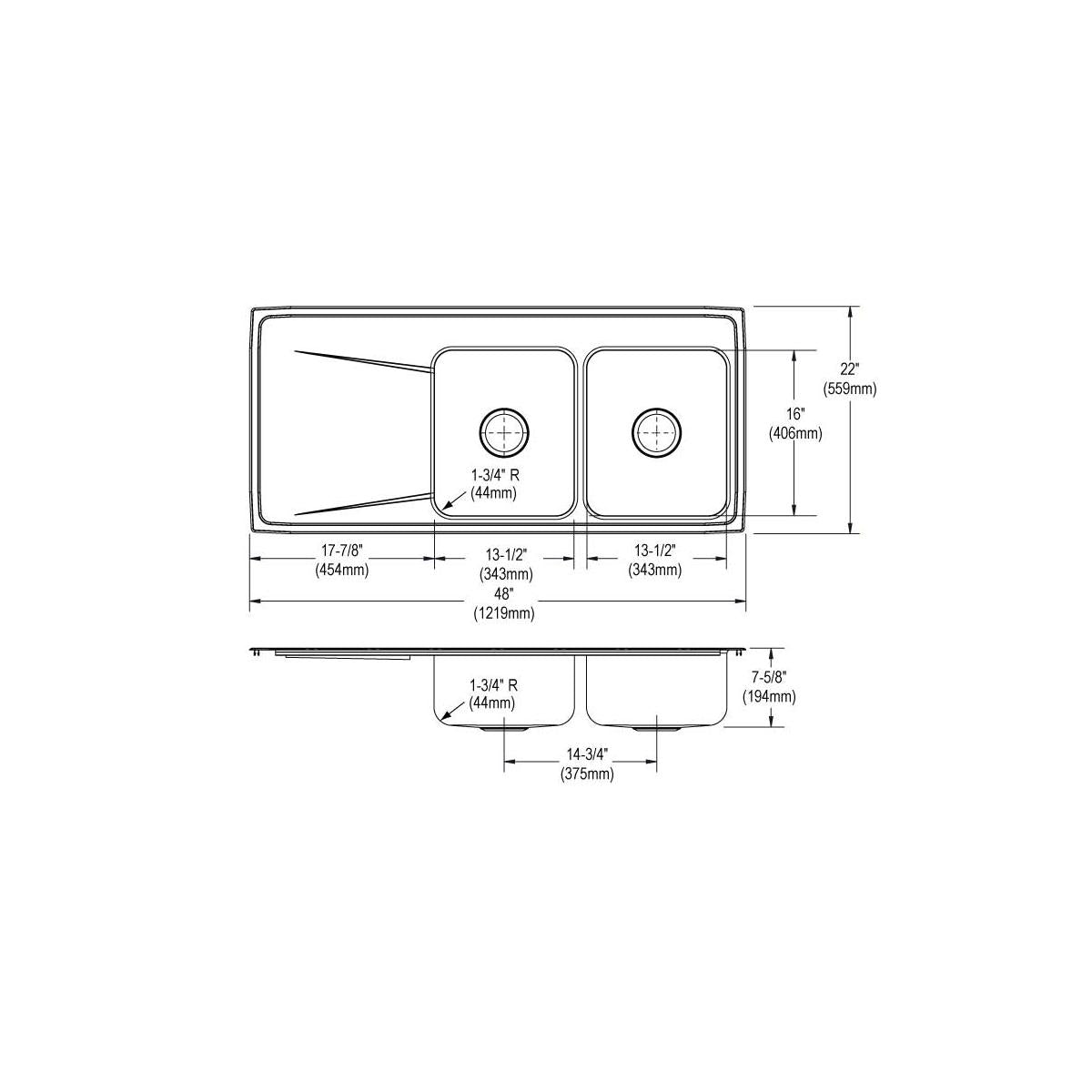 Elkay Lustertone Classic Stainless Steel 48" x 22" x 7-5/8", Equal Double Bowl Drop-in Sink with Drainboard ILR4822R1