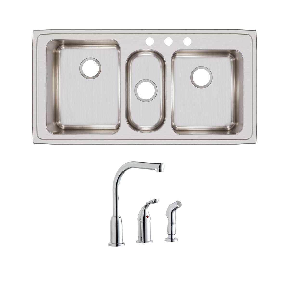 Elkay Lustertone Classic Stainless Steel 43" x 22" x 10", Triple Bowl Drop-in Sink + Faucet Kit LGR4322C