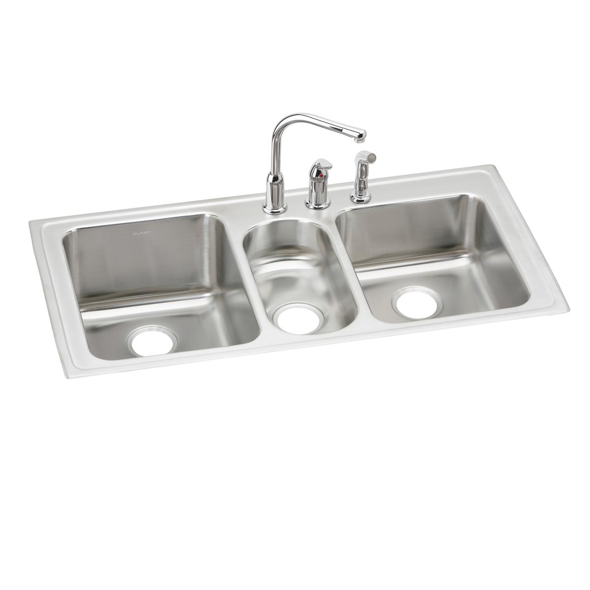 Elkay Lustertone Classic Stainless Steel 43" x 22" x 10", Triple Bowl Drop-in Sink + Faucet Kit LGR4322C