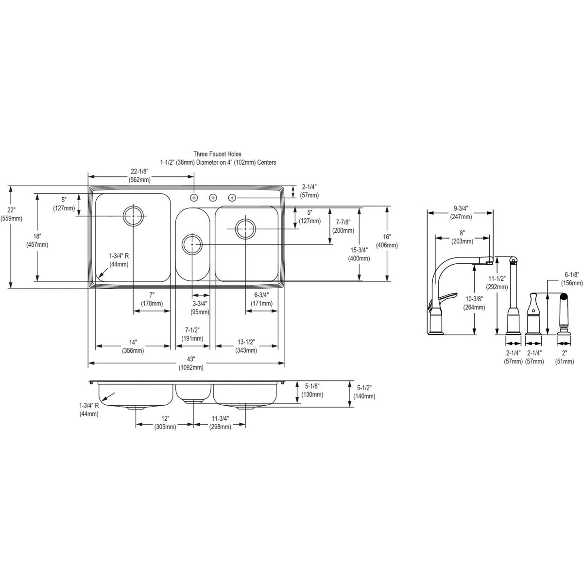 Elkay Lustertone Classic Stainless Steel 43" x 22" x 10", Triple Bowl Drop-in Sink + Faucet Kit LGR4322C