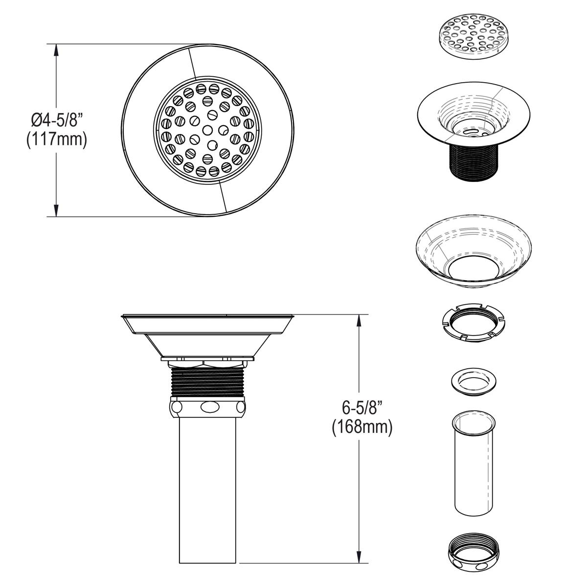 Elkay 3-1/2" Drain Nickel Plated Brass Body, Strainer and Tailpiece LK18