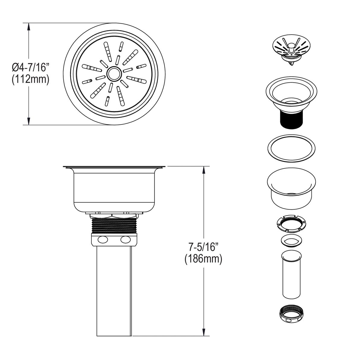 Elkay 3-1/2" Drain Fitting Type 304 Stainless Steel Body, Strainer Basket and Tailpiece LK35B