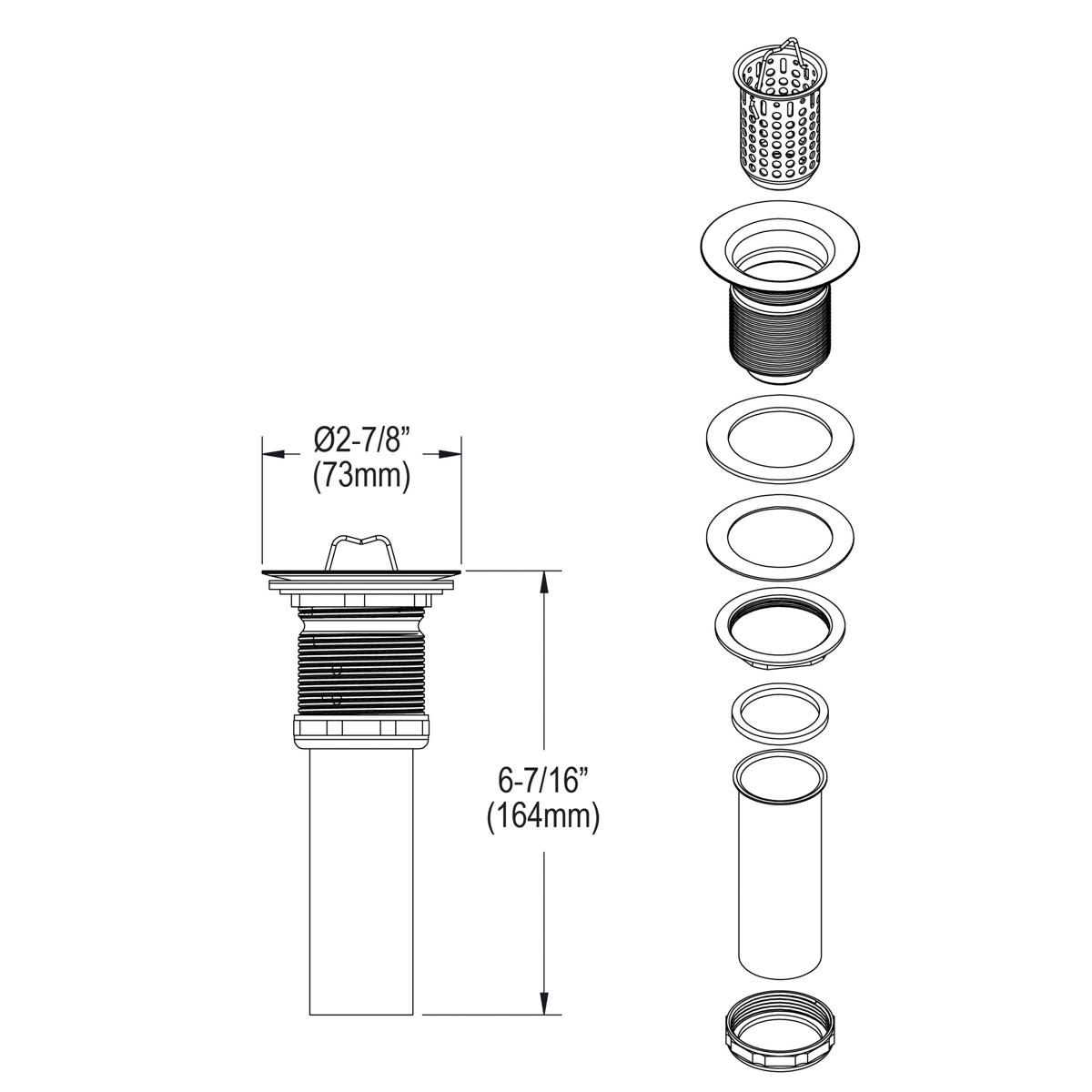 Elkay Drain Fitting 2" Nickel Plated Brass Body with Deep Stainless Steel Strainer Basket LK36