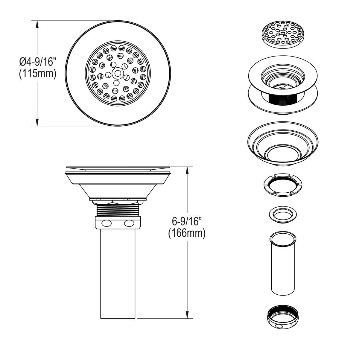 Elkay 3-1/2" Drain Type 316 Stainless Steel Body, Strainer and Tailpiece LK372