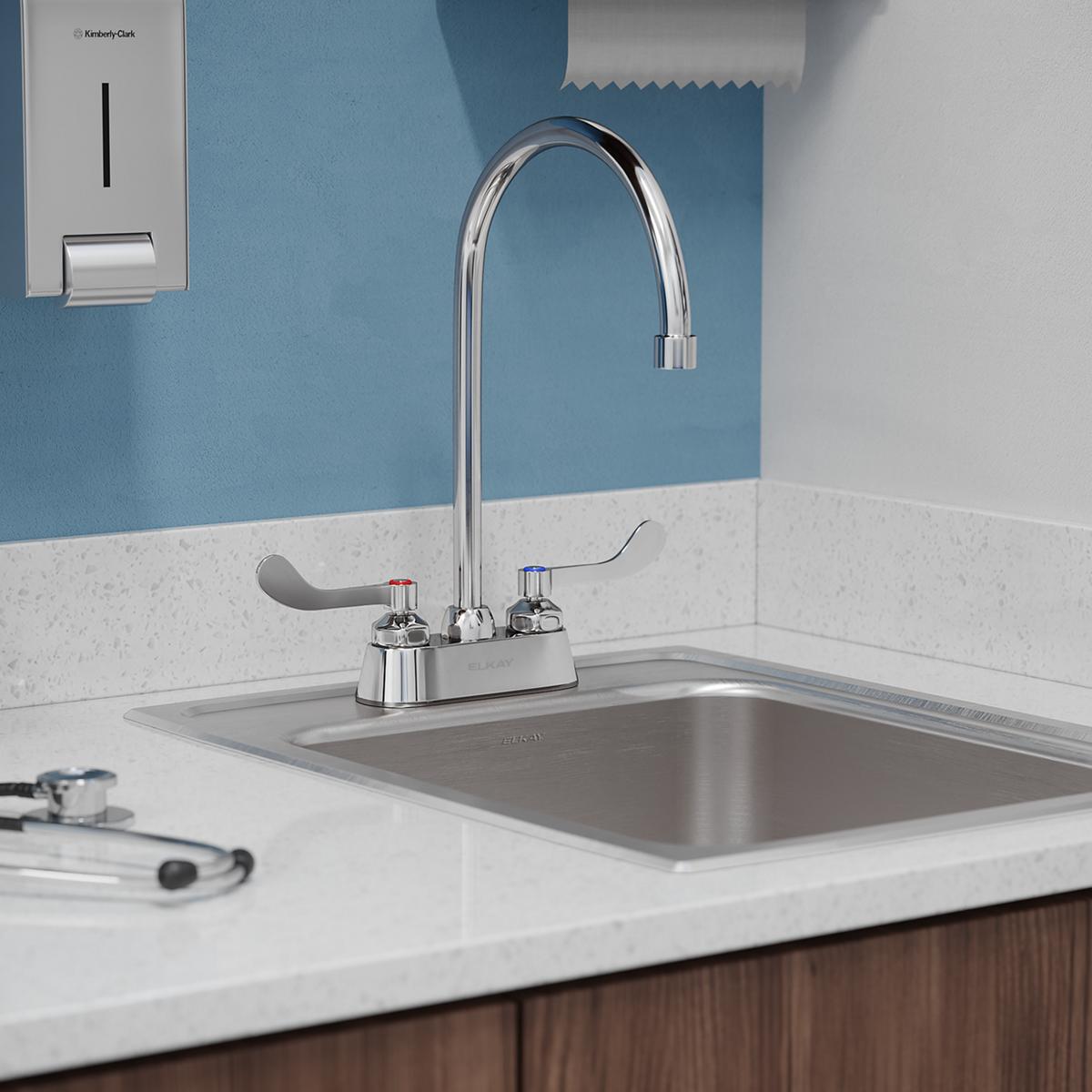 Elkay 4" Centerset with Exposed Deck Faucet with 8" Gooseneck Spout 4" Wristblade Handles Chrome LK406GN08T4