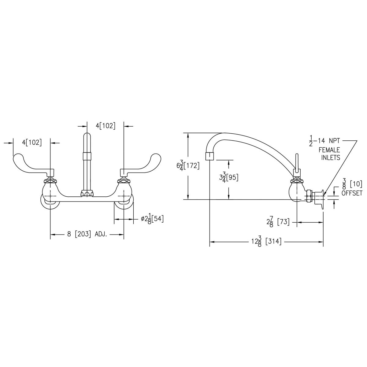 Elkay Foodservice 8" Centerset Wall Mount Faucet with 10" Arc Tube Spout 4in Wristblade Handles 1/2 Offset Inlets+Stop LK940AT10T4S