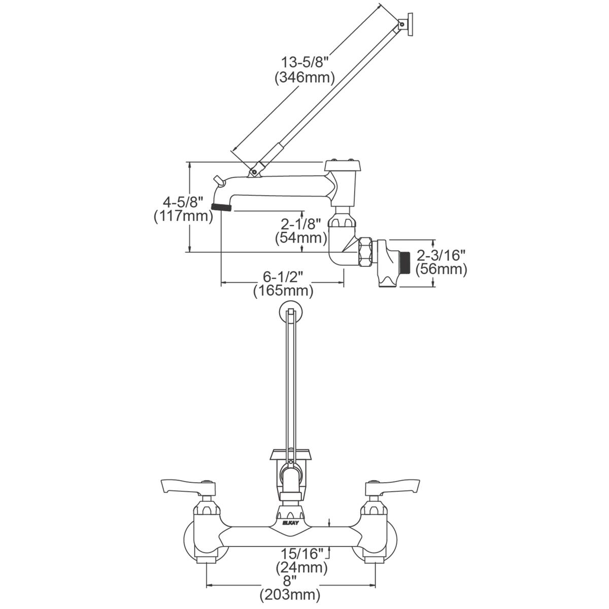 Elkay 8" Centerset Wall Mount Faucet with 7" Bucket Hook Spt 2" Lever Handles 1/2 Offset Inlets+Stop Rough Chrome LK940BR07L2S