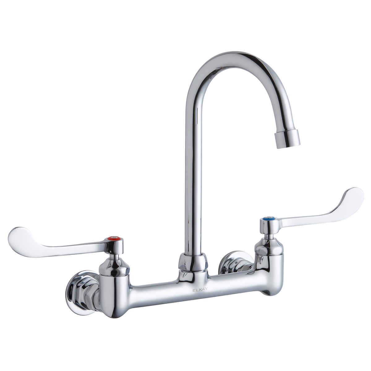 Elkay Scrub/Handwash 8" Centerset Wall Mount Faucet w/5" Gooseneck Spout 6" Wristblade Handles 1/2in Offset Inlet LK940GN05T6H