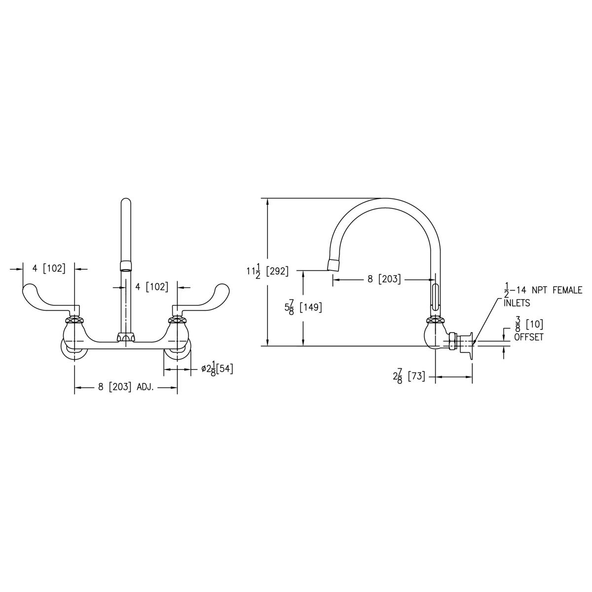 Elkay Scrub/Handwash 8" Centerset Wall Mount Faucet w/8" Gooseneck Spout 4" Wristblade Handles 1/2in Offset Inlet LK940GN08T4H