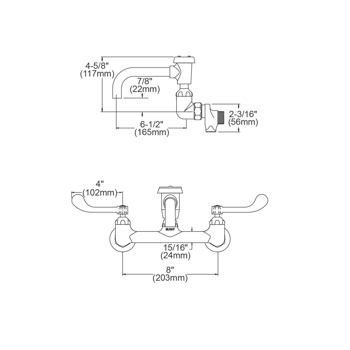 Elkay Service/Utility 8" Centerset Wall Mount Faucet w/7" Vented Spt 4" Wristblade Handles 1/2 Offset Inlets+Stop LK940VS07T4S