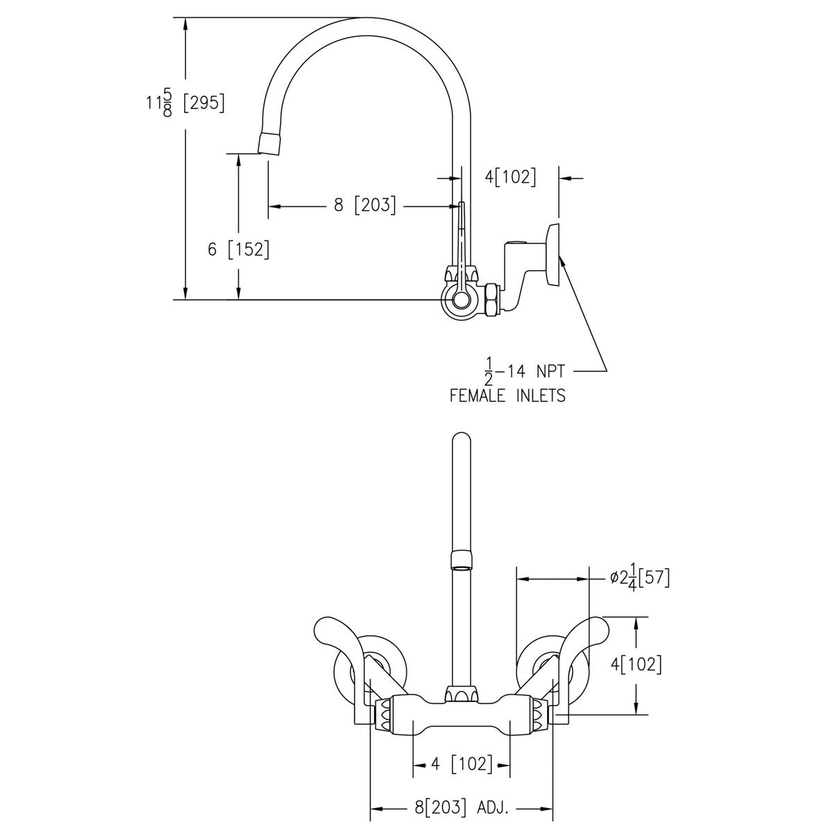 Elkay Foodservice 3-8" Adjustable Centers Wall Mount Faucet w/8" Gooseneck Spout 4" Wristblade Handles 2in Inlet LK945GN08T4T
