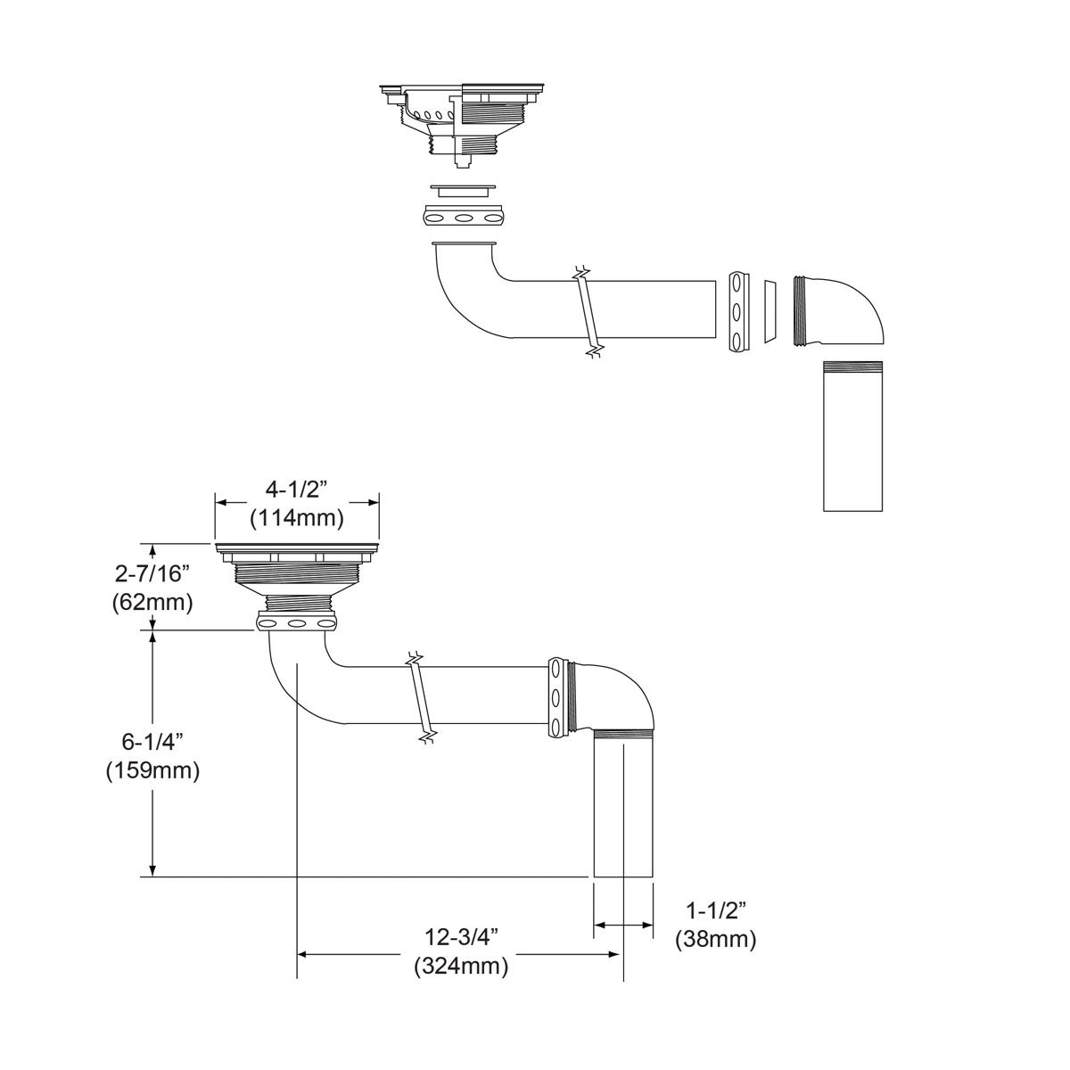 Elkay 3-1/2" Drain Fitting" Stainless Steel Body, Strainer Basket and Offset Tailpiece LKAD35