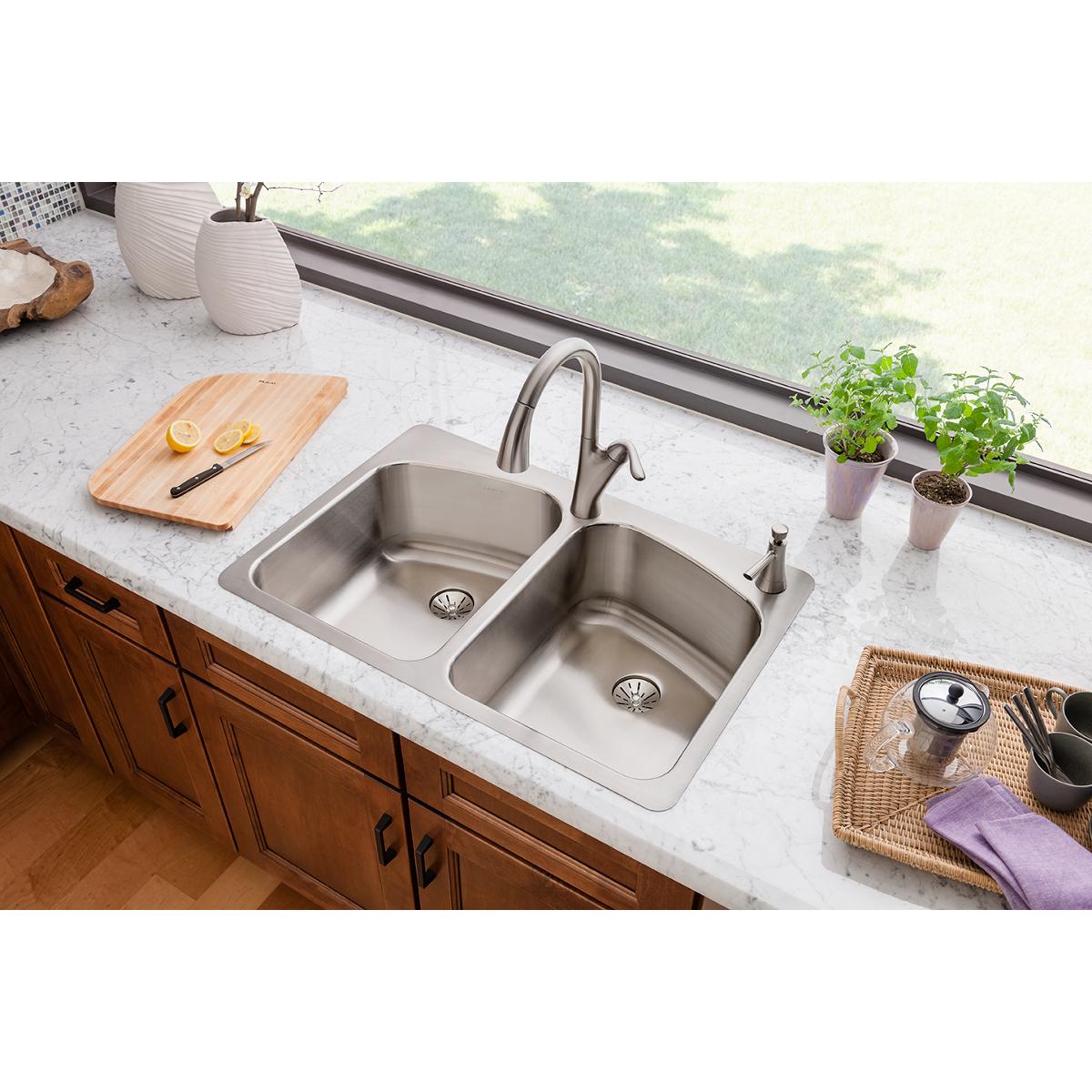 Elkay Lustertone Classic Stainless Steel 33" x 22" x 9", 3-Hole Equal Double Bowl Dual Mount Sink with Perfect Drain LKHSR33229PD3