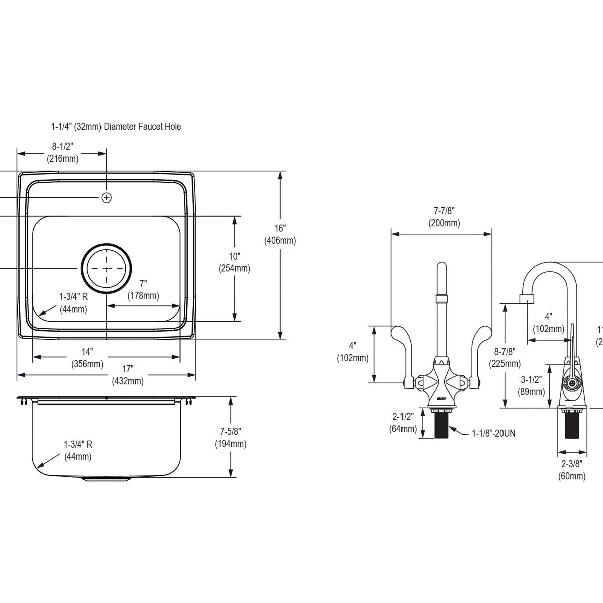 Elkay Lustertone Classic Stainless Steel 17" x 16" x 7-5/8", 1-Hole Single Bowl Drop-in Sink + Faucet Kit LR1716C