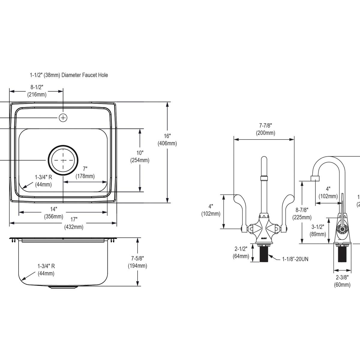 Elkay Lustertone Classic Stainless Steel 17" x 16" x 7-5/8", 1-Hole Single Bowl Drop-in Sink + Faucet Kit LR1716SC