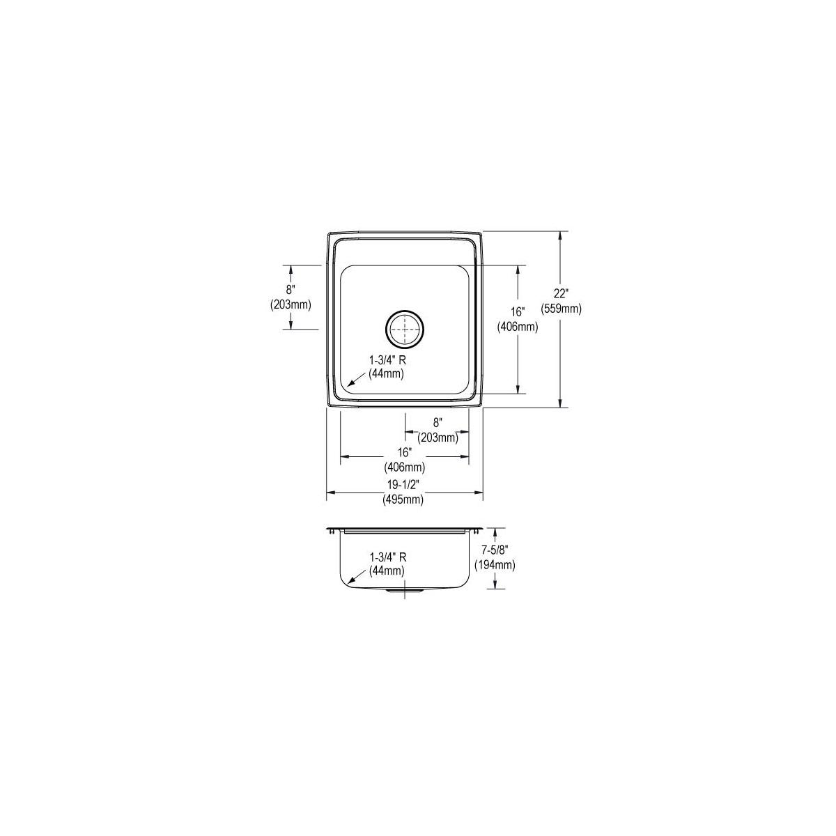 Elkay Lustertone Classic Stainless Steel 19-1/2" x 22" x 7-5/8", 3-Hole Single Bowl Drop-in Sink LR20223