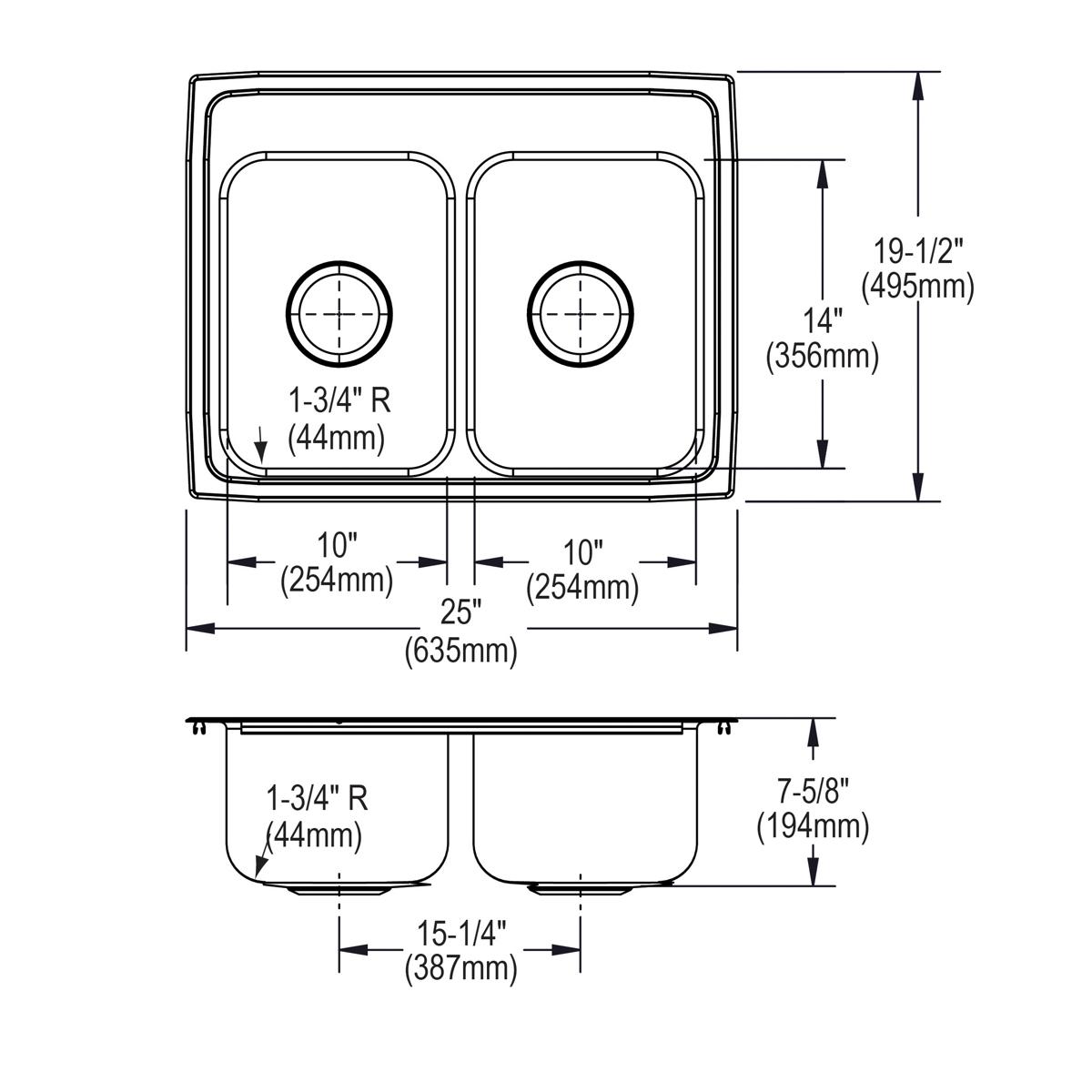 Elkay Lustertone Classic Stainless Steel 25" x 19-1/2" x 7-5/8", Equal Double Bowl Drop-in Sink LR25194
