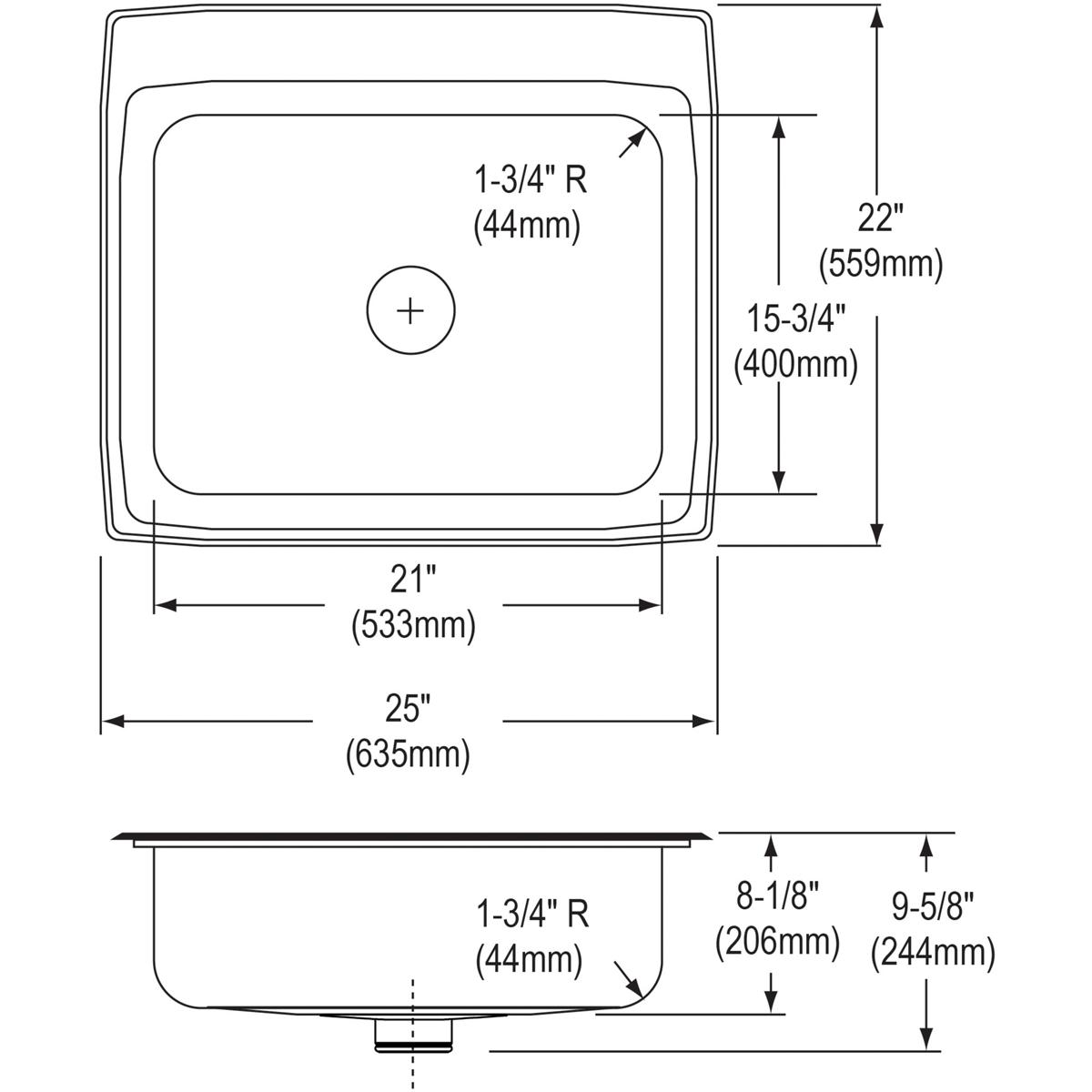 Elkay Lustertone Classic Stainless Steel 25" x 22" x 8-1/8", 1-Hole Single Bowl Drop-in Sink with Perfect Drain LR2522PD1