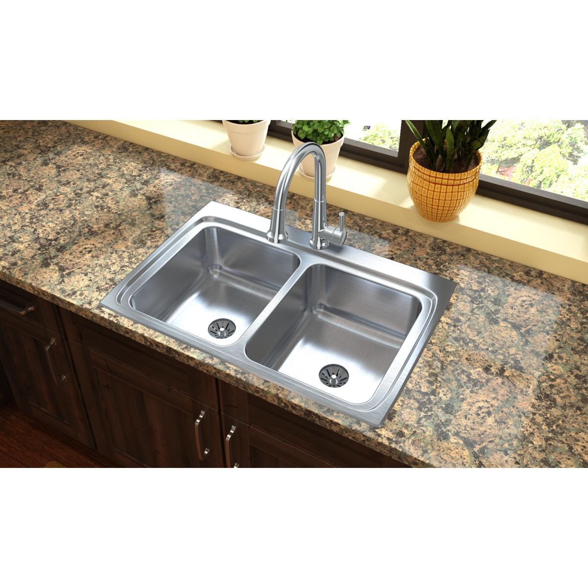 Elkay Lustertone Classic Stainless Steel 33" x 22" x 8-1/8", 1-Hole Equal Double Bowl Drop-in Sink with Perfect Drain LR3322PD1