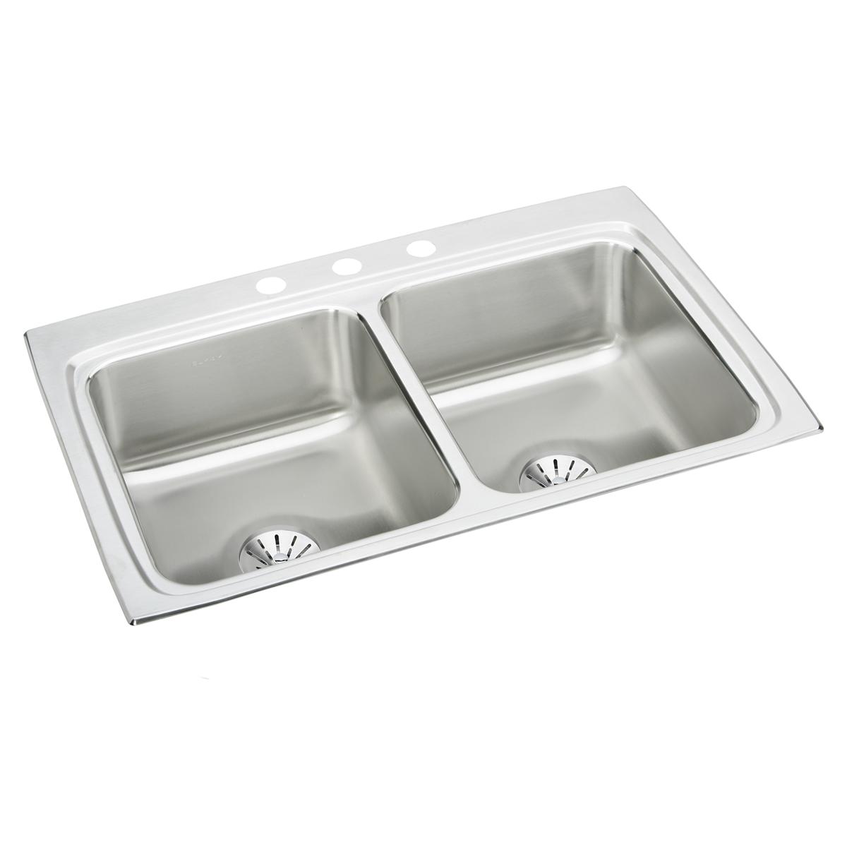 Elkay Lustertone Classic Stainless Steel 33" x 22" x 8-1/8", Equal Double Bowl Drop-in Sink with Perfect Drain LR3322PD3