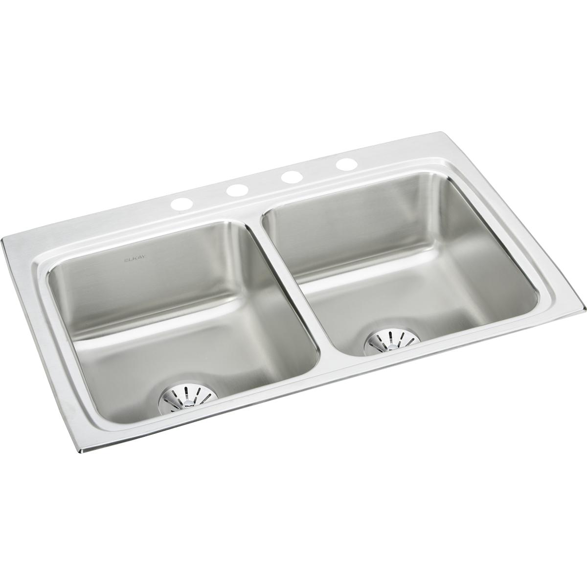 Elkay Lustertone Classic Stainless Steel 33" x 22" x 8-1/8", 4-Hole Equal Double Bowl Drop-in Sink with Perfect Drain LR3322PD4