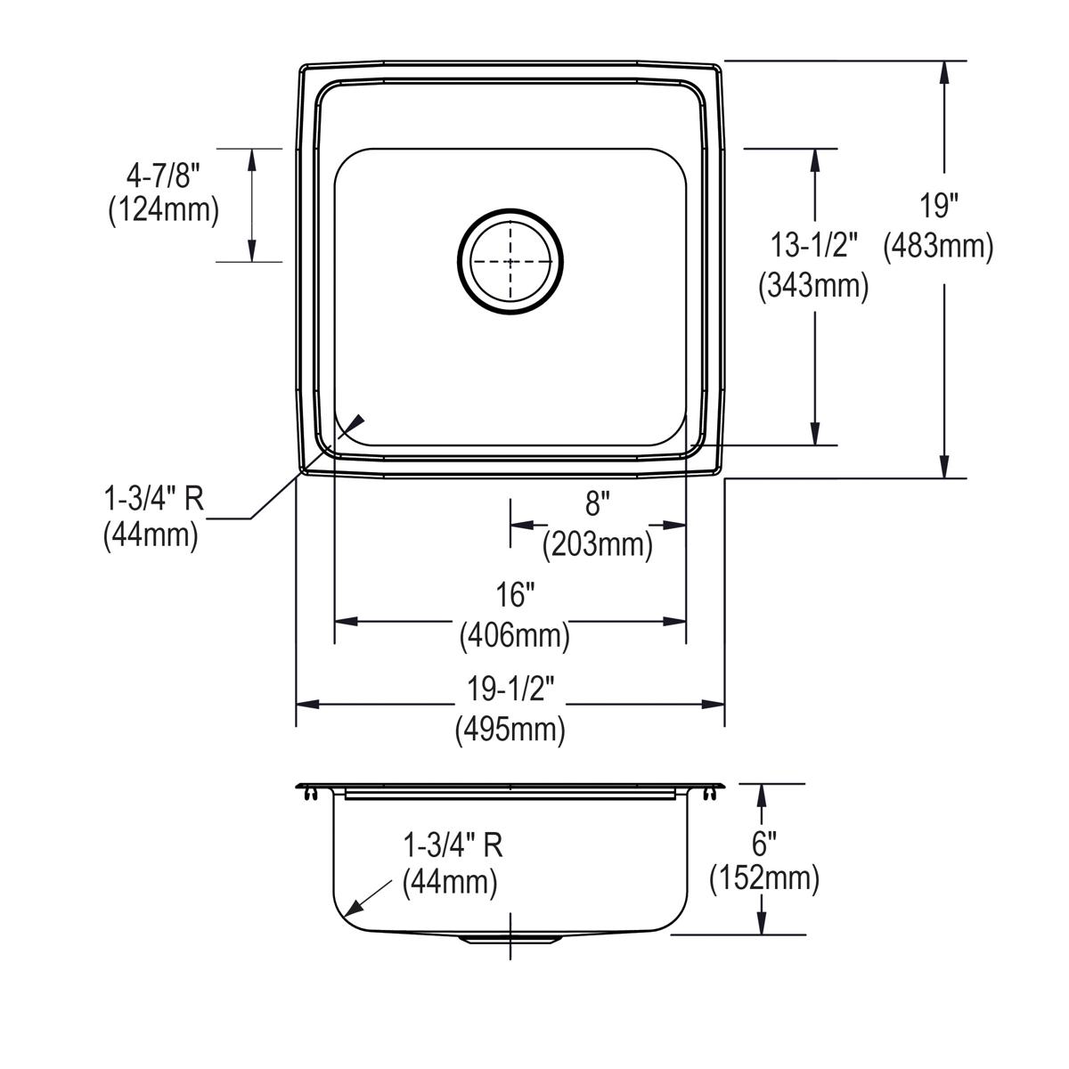 Elkay Lustertone Classic Stainless Steel 19-1/2" x 19" x 6", MR2-Hole Single Bowl Drop-in ADA Sink LRAD191960MR2