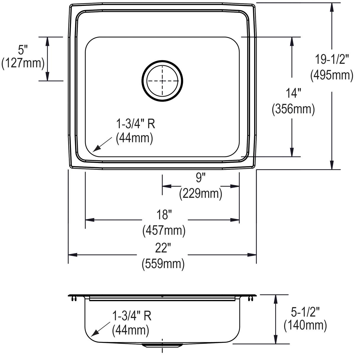 Elkay Lustertone Classic Stainless Steel 22" x 19-1/2" x 5-1/2", Single Bowl Drop-in ADA Sink LRAD2219552